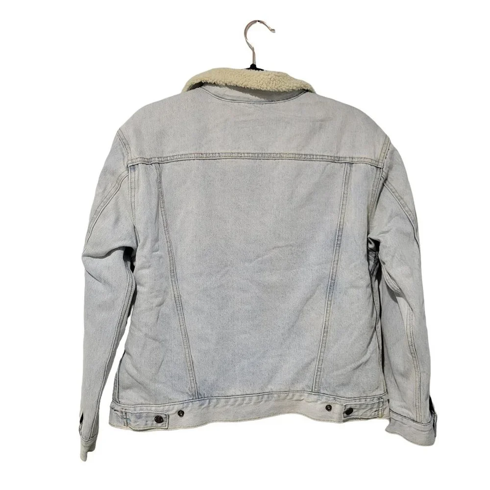 Women's Blue Ex-boyfriend Floral-embroidered Denim Sherpa Trucker Jack… - Picture 8 of 12